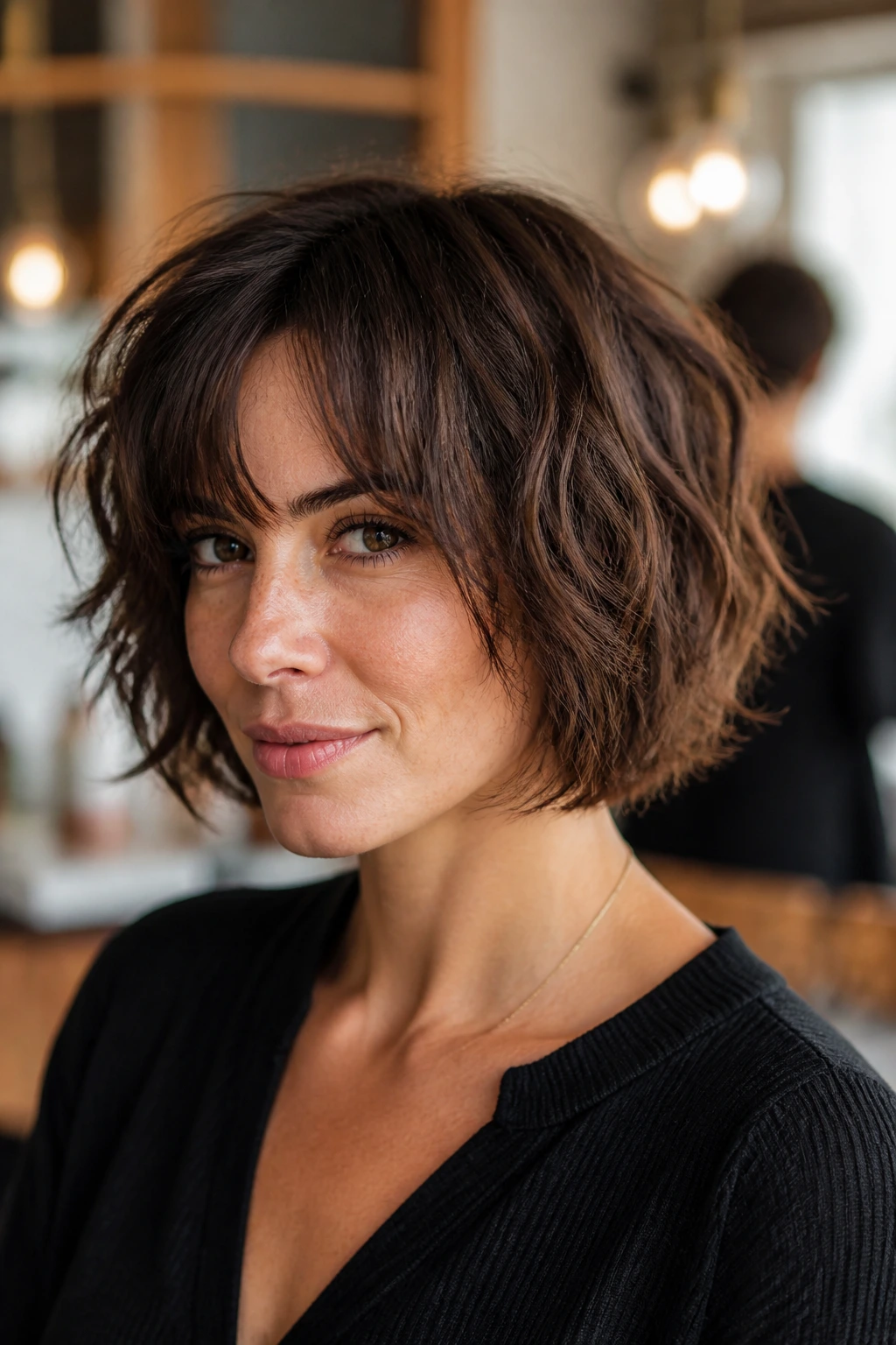 Close-up of a real woman with a razor-softened Italian bob and feathery ends in a sunlit salon