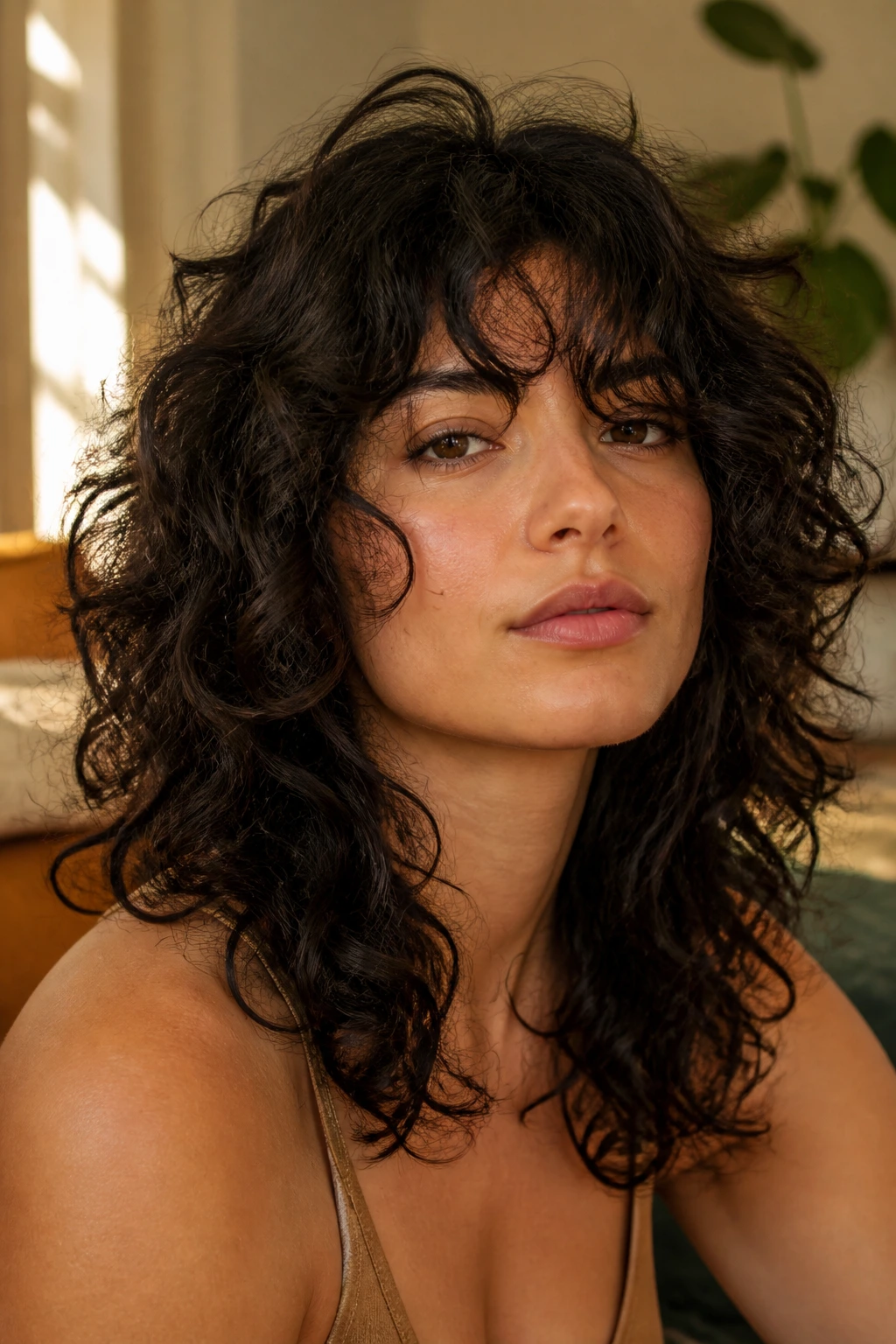 Close-up of a real woman with razor-softened tousled shag in a sunlit living room.