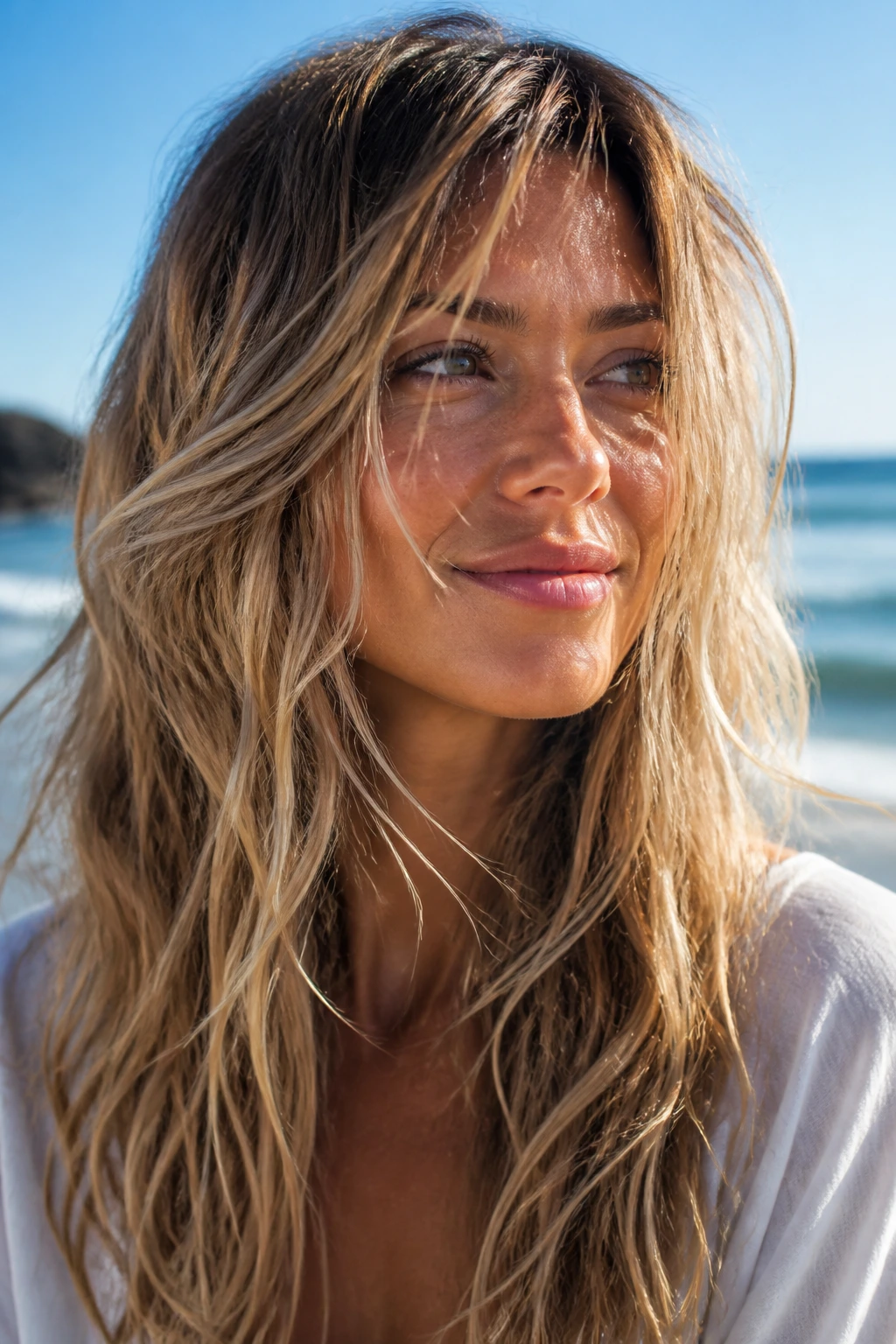 Close-up of a real woman with razor-textured beach layers in sunlit outdoor setting
