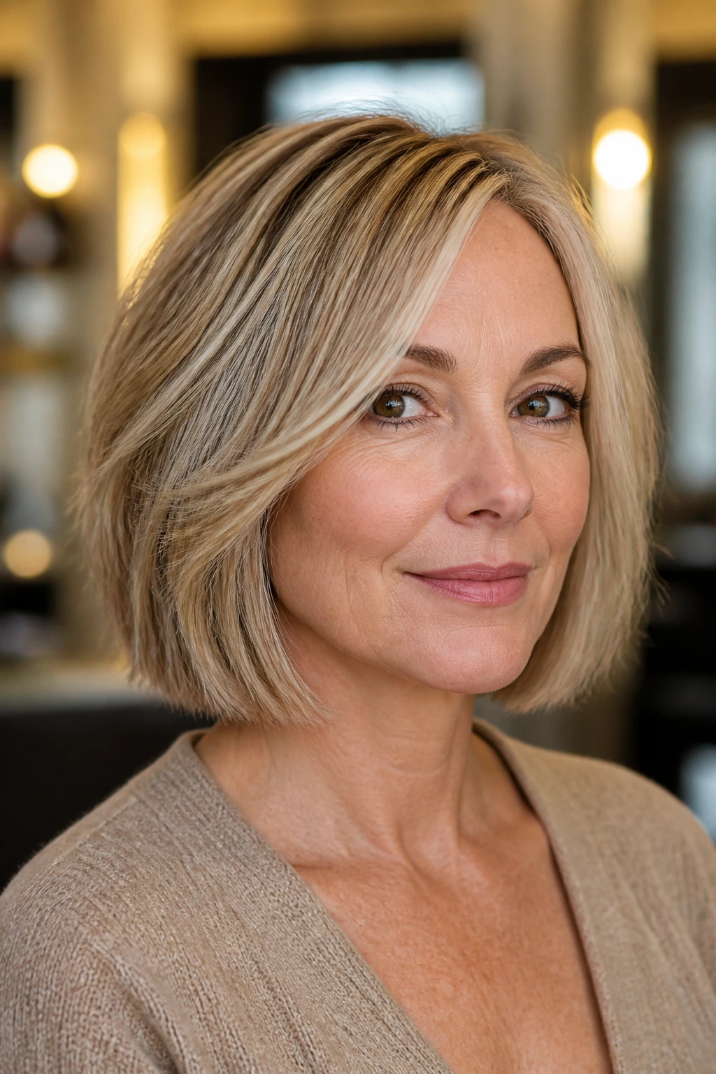 Real woman with razor-textured bob close-up.