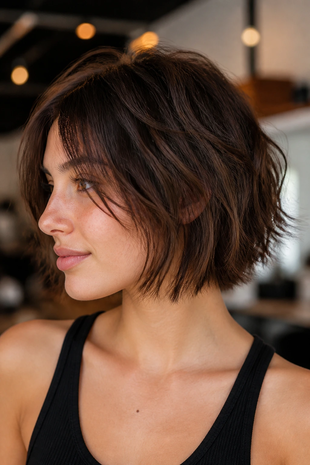Close-up of a real woman sporting a razor-textured bob with airy movement in a modern salon.