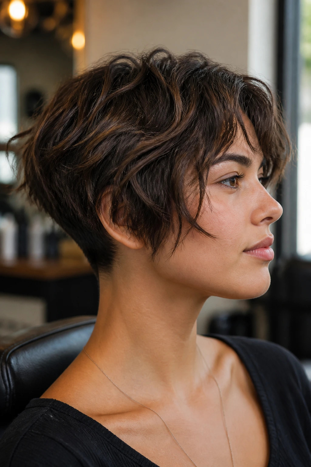 Close-up of a real woman with a razor-textured boyish bob showing restrained texture.