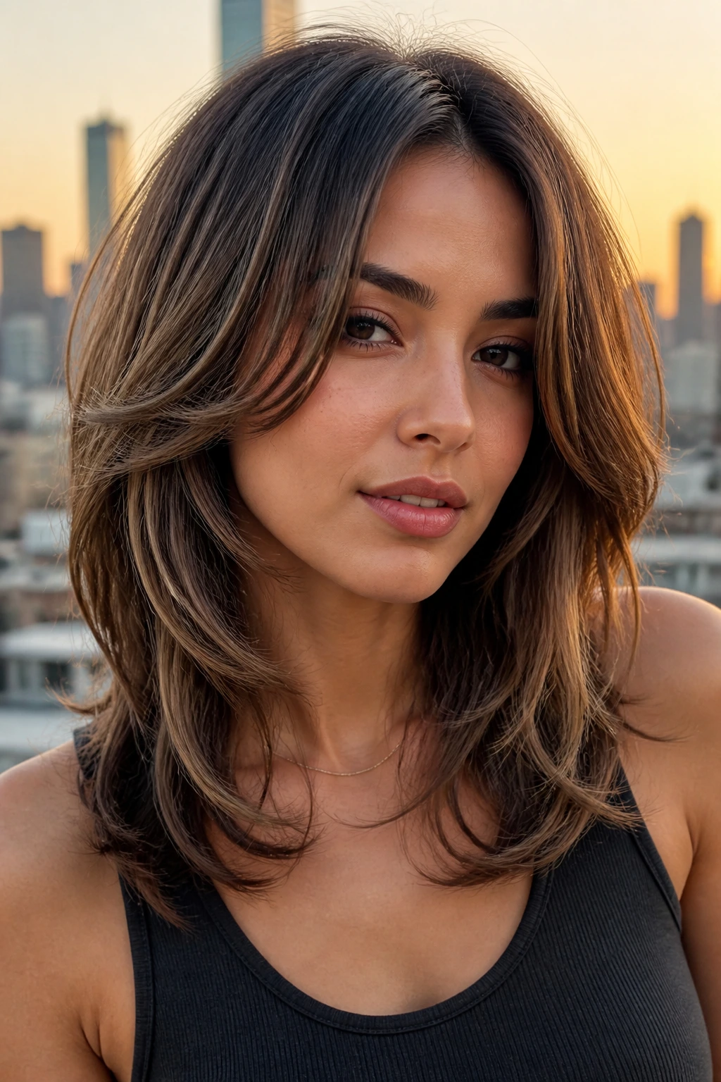Close-up of a real woman with razor-textured butterfly cut highlighting textured front
