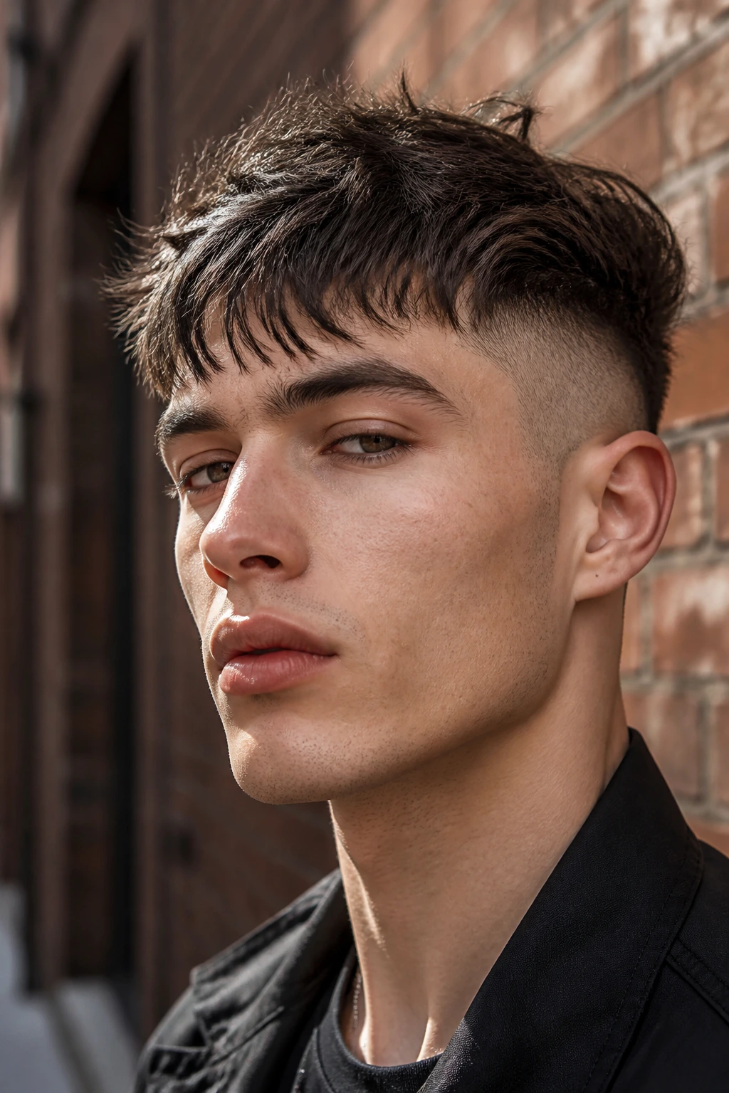 Close-up portrait of a real person with razor-textured Chelsea cut in a sunlit brick alley