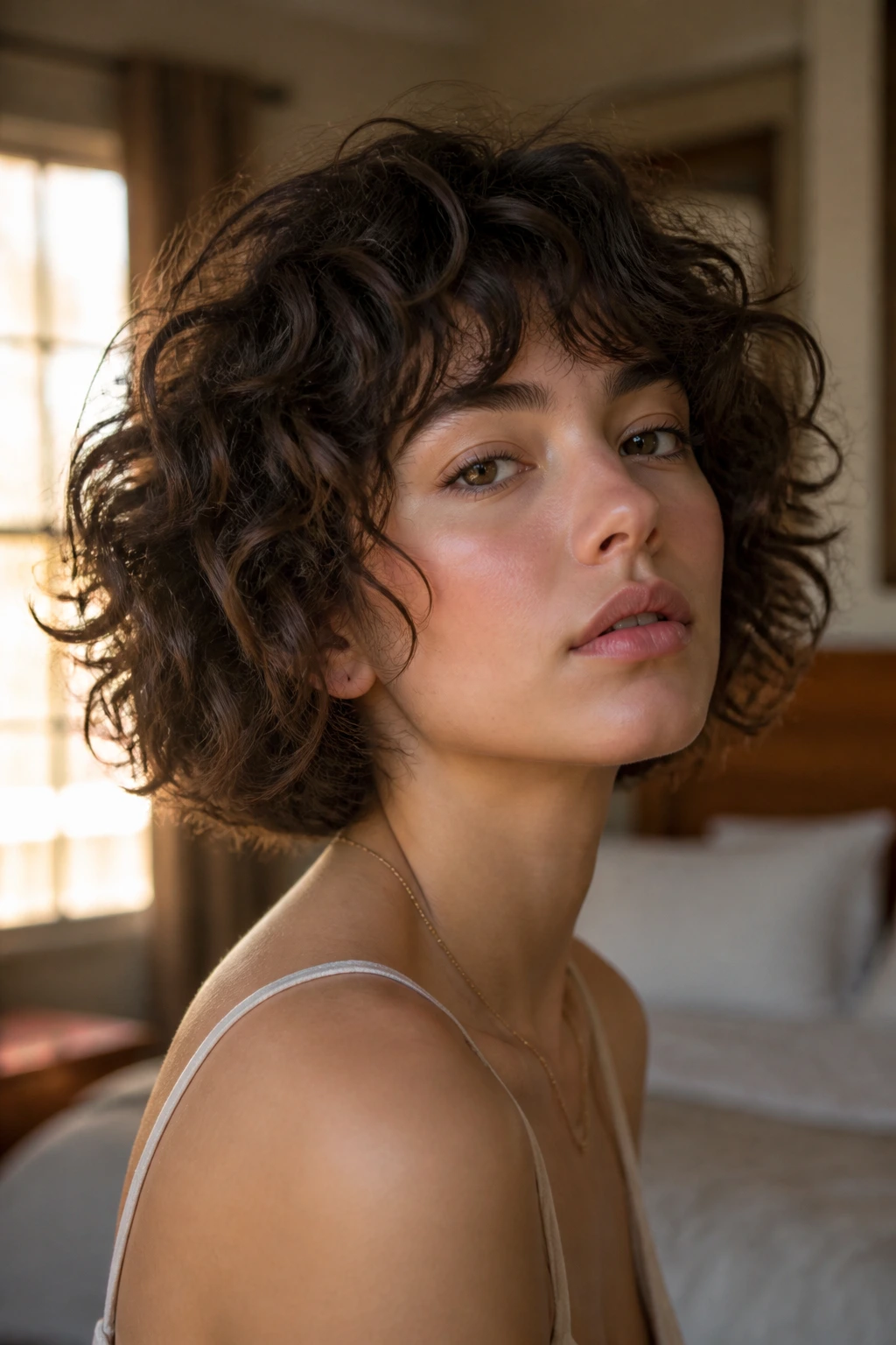 Close-up of a real woman with razor-textured curly bob in warm window-lit bedroom