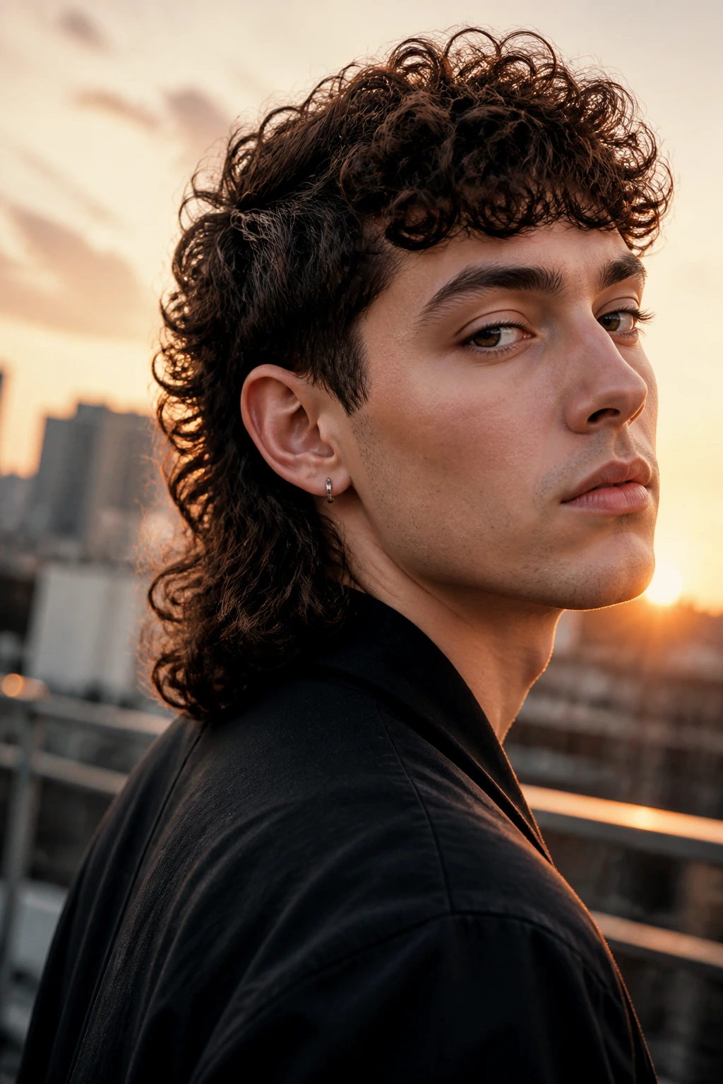 Close-up portrait of a real person with razor-textured curly mullet on a rooftop at sunset.