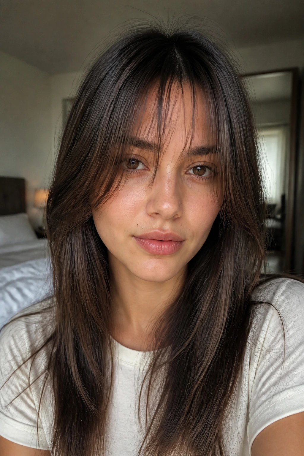 Close-up of a real woman with razor-textured curtain bangs in natural window light
