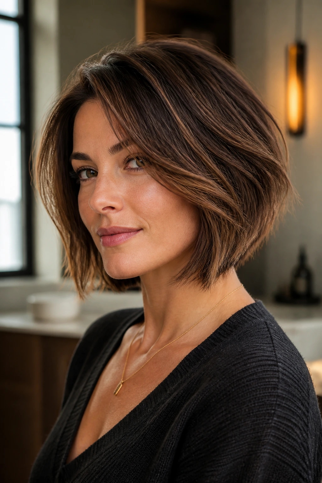 Close-up of a real woman with razor-textured feathered bob for thick hair