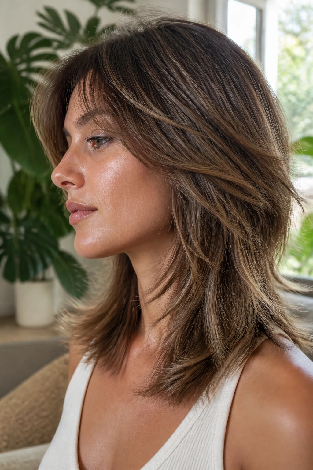 Close-up of a woman with razor-textured feathered layers in a bright room.