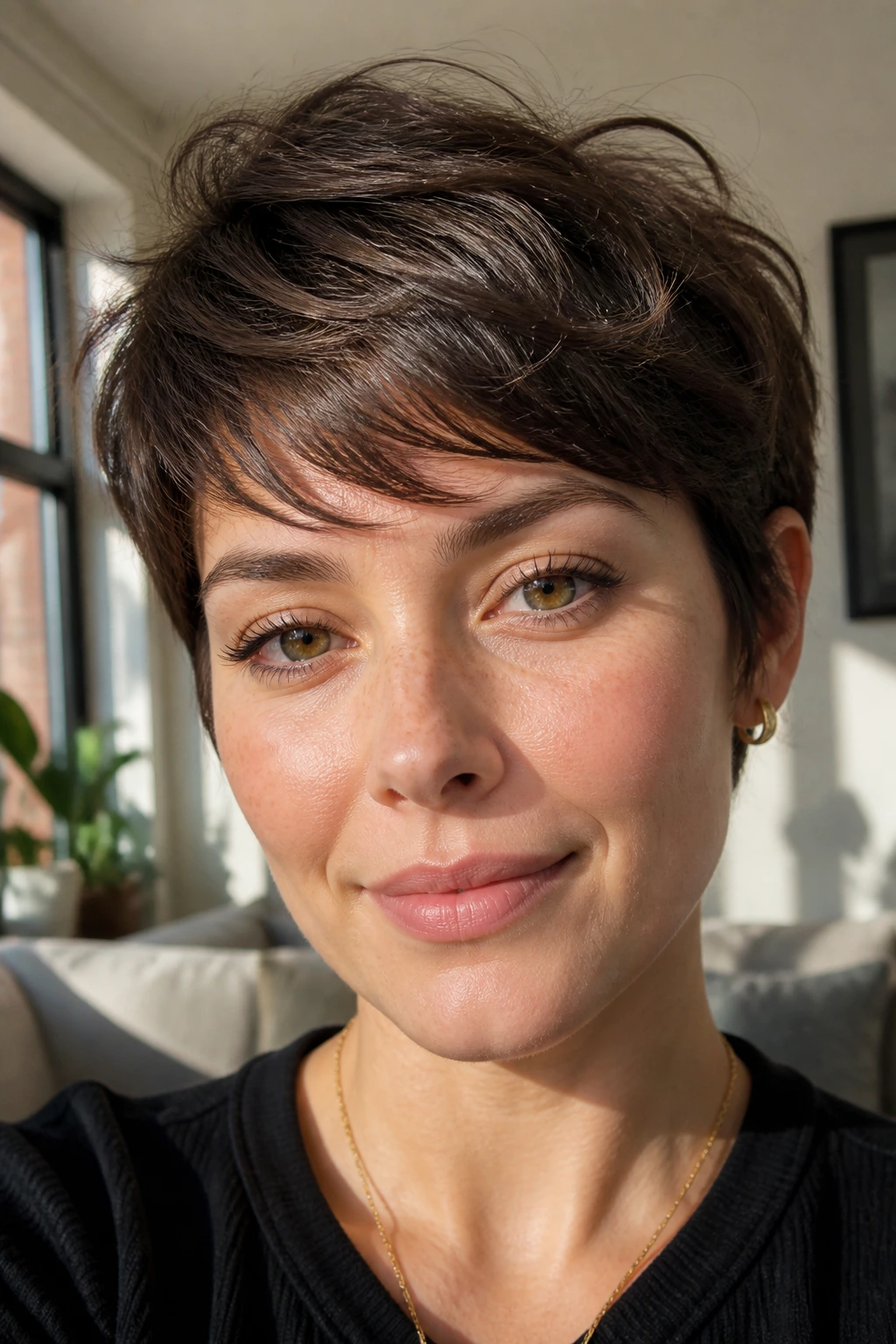 Close-up portrait of a real woman with razor-textured wisps fringe on a round face