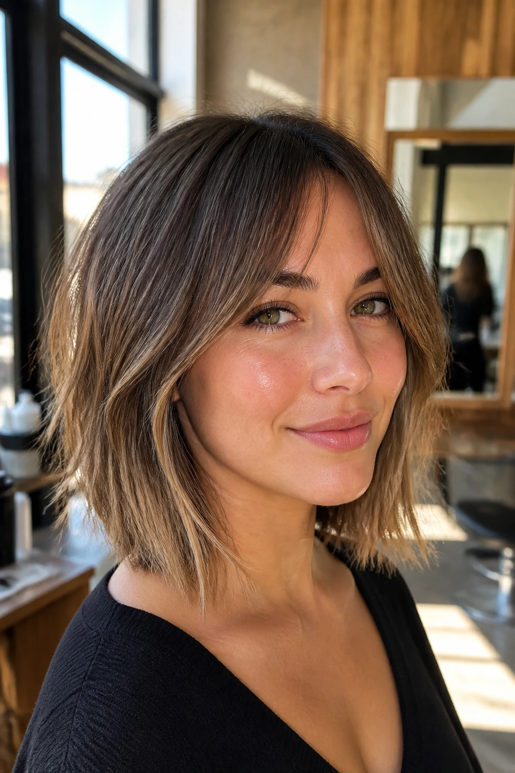 Close-up of a woman with razor-textured lob and split bangs in a sunlit salon