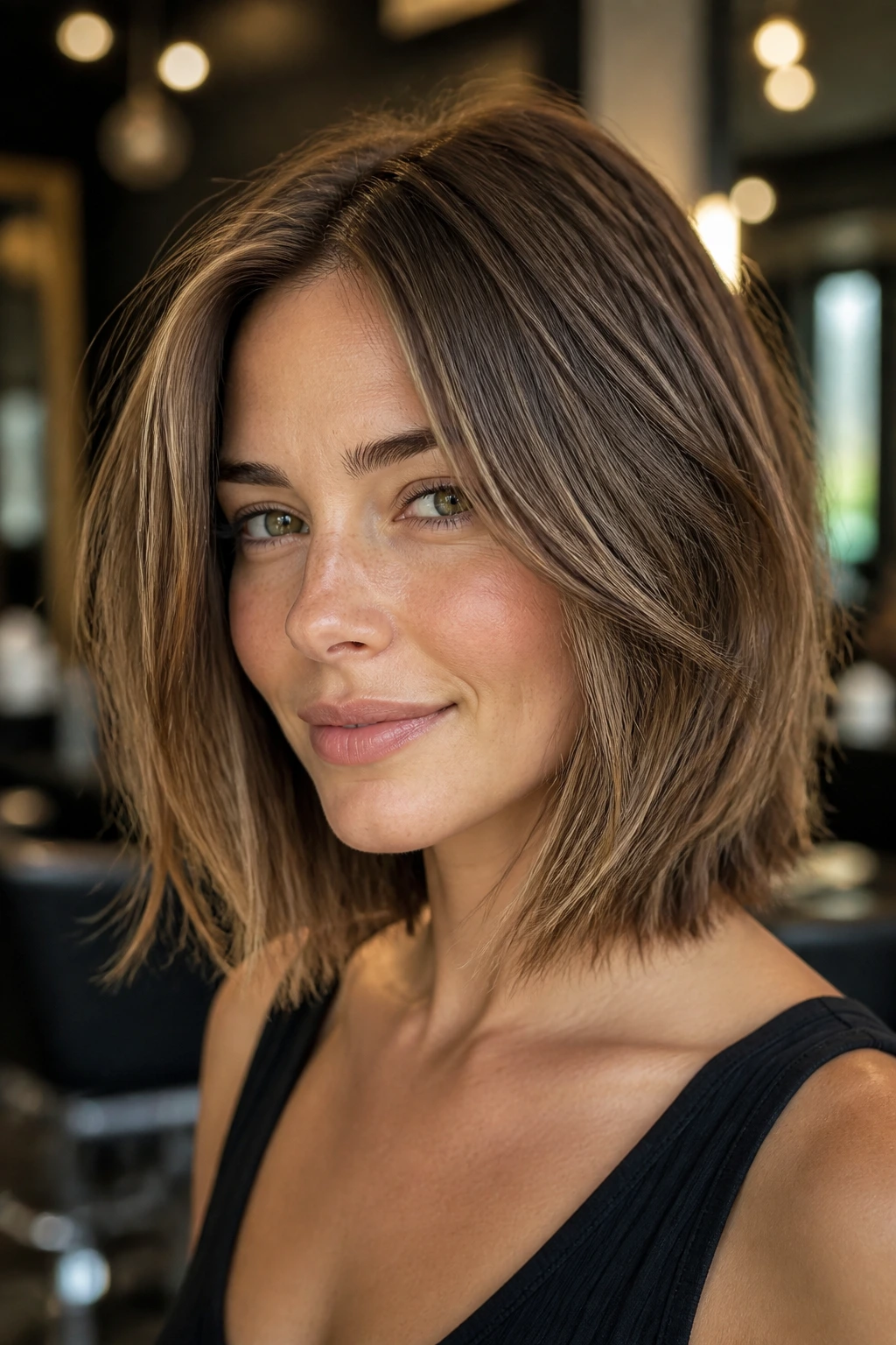 Close-up portrait of a real person with a razor-textured lob and feathered ends in a salon setting.