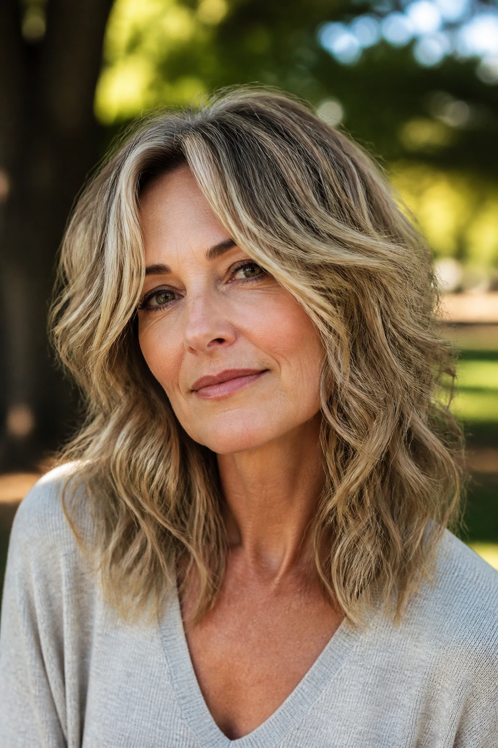 Portrait of a real person with razor-textured midlength wavy hair in natural park light.