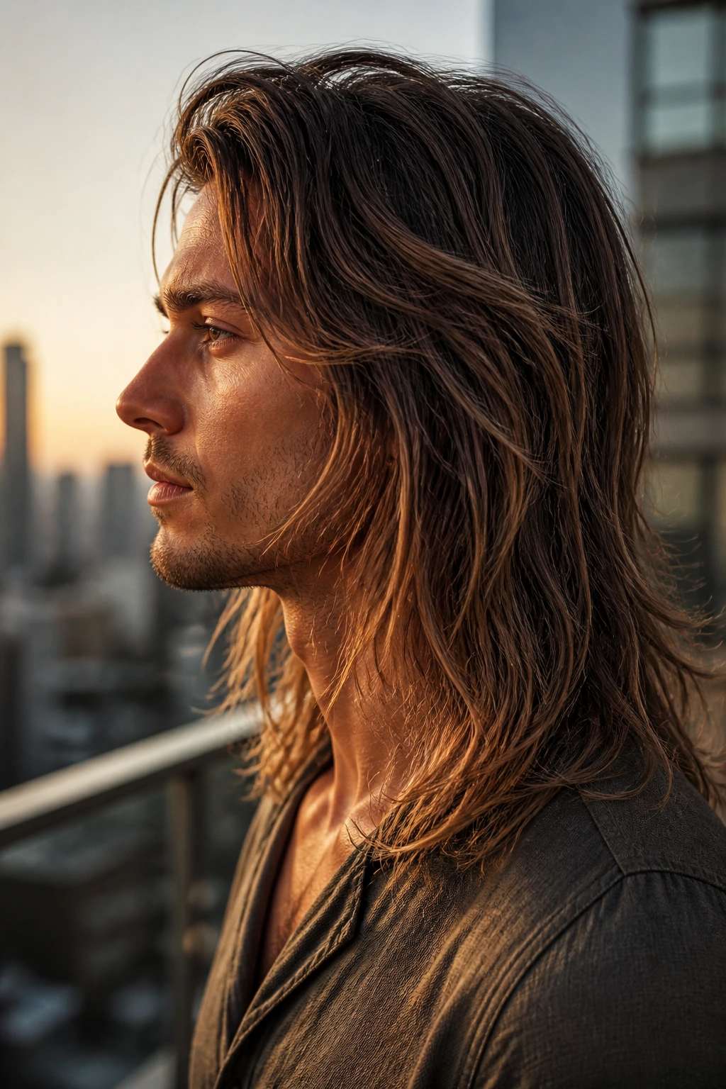 Profile of man with razor-textured length hairstyle