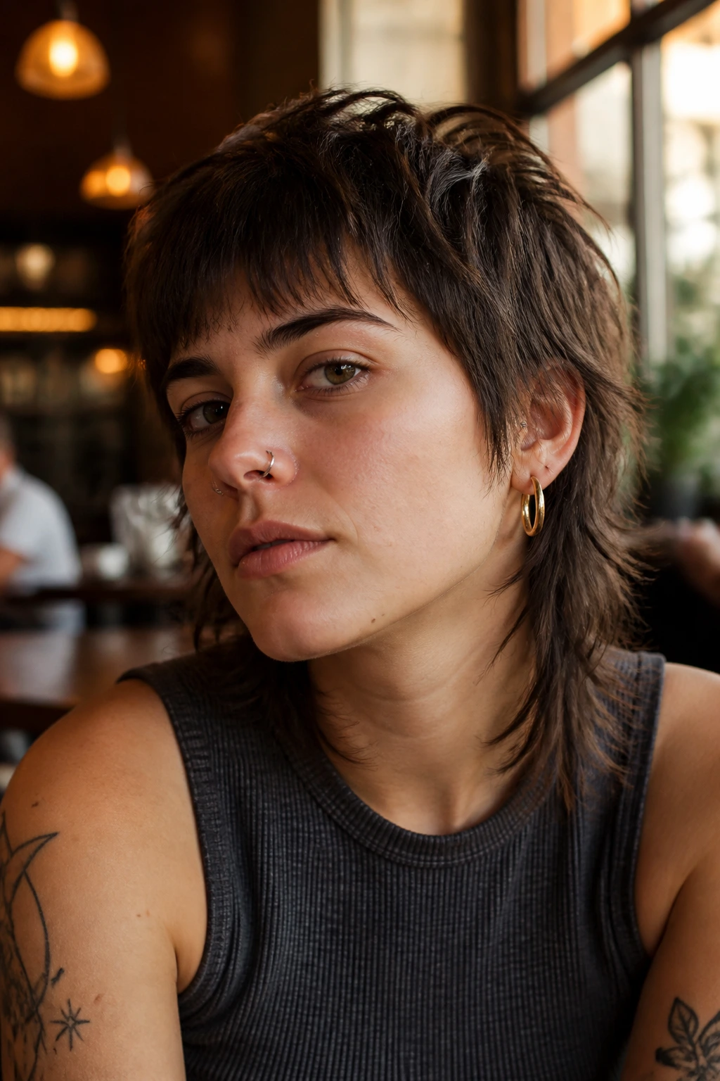Close-up of a real person showing razor-textured mullet ends in a warm cafe setting.