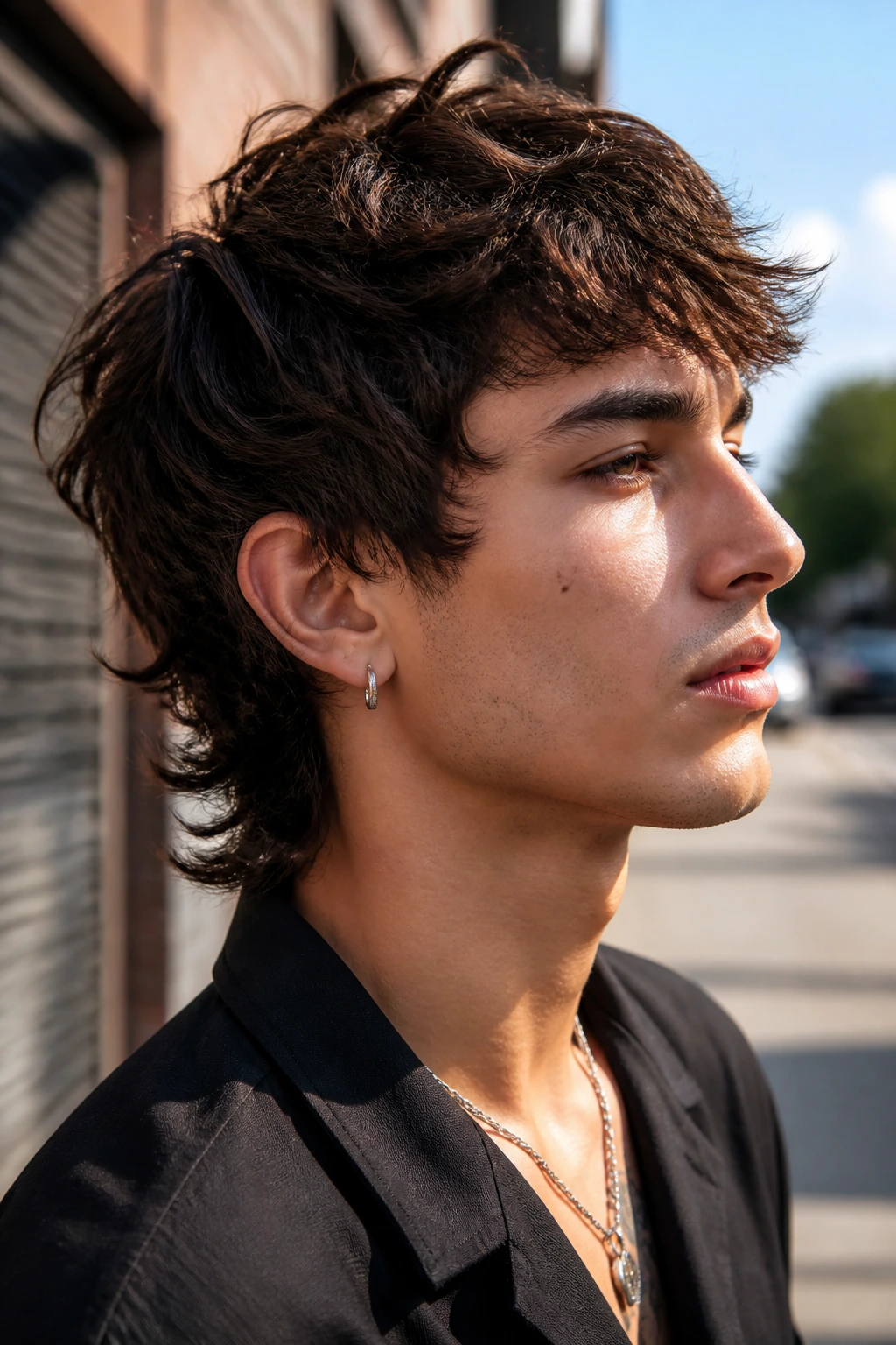 Close-up of a real person with a razor-textured mullet outdoors