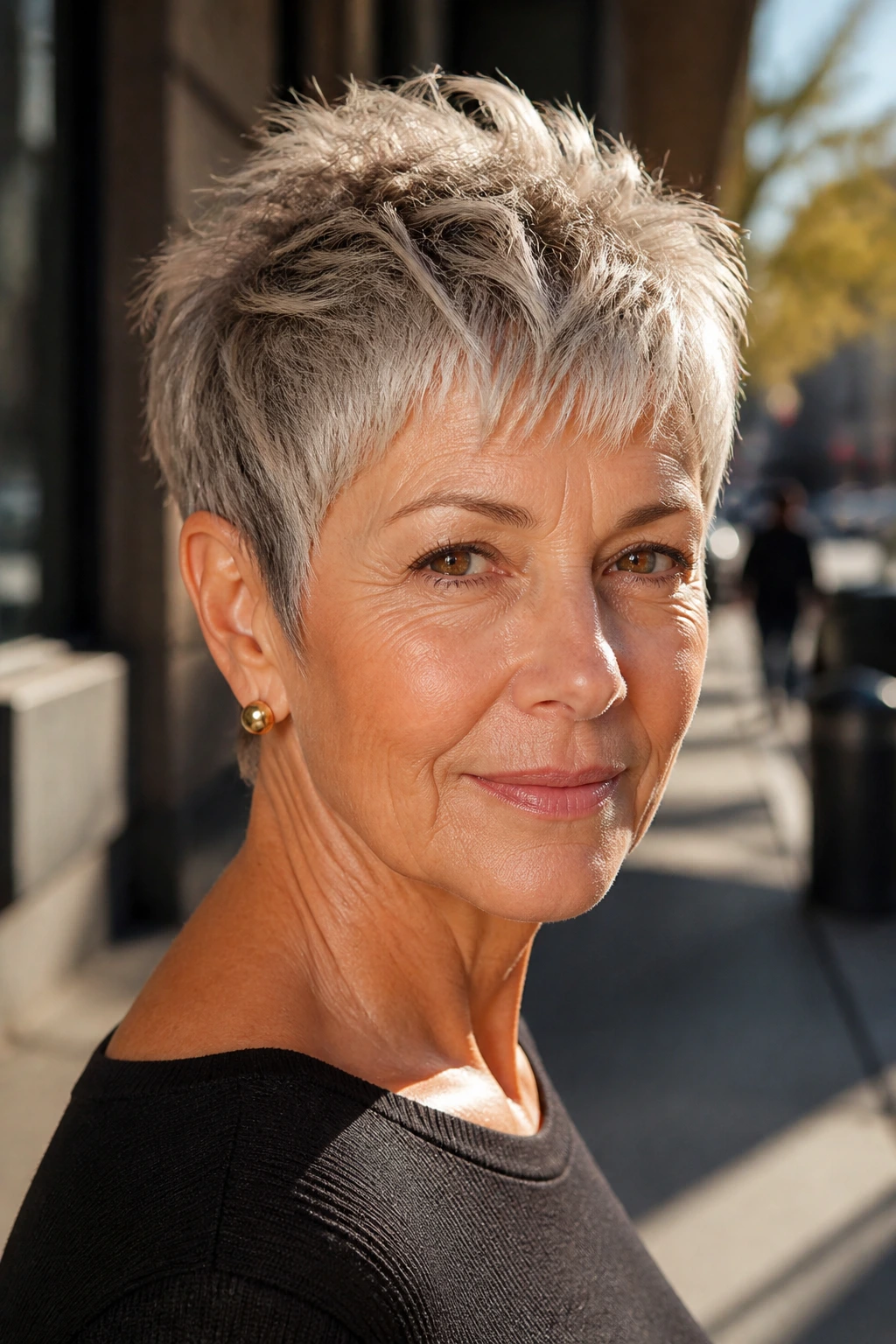 Real woman with razor-textured pixie in urban outdoor setting.