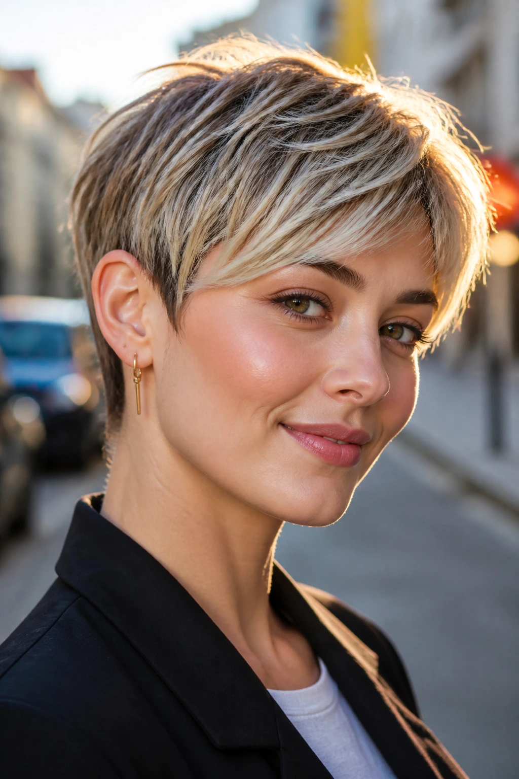 Real person with razor-textured pixie showing side-swept fringe and light perimeter