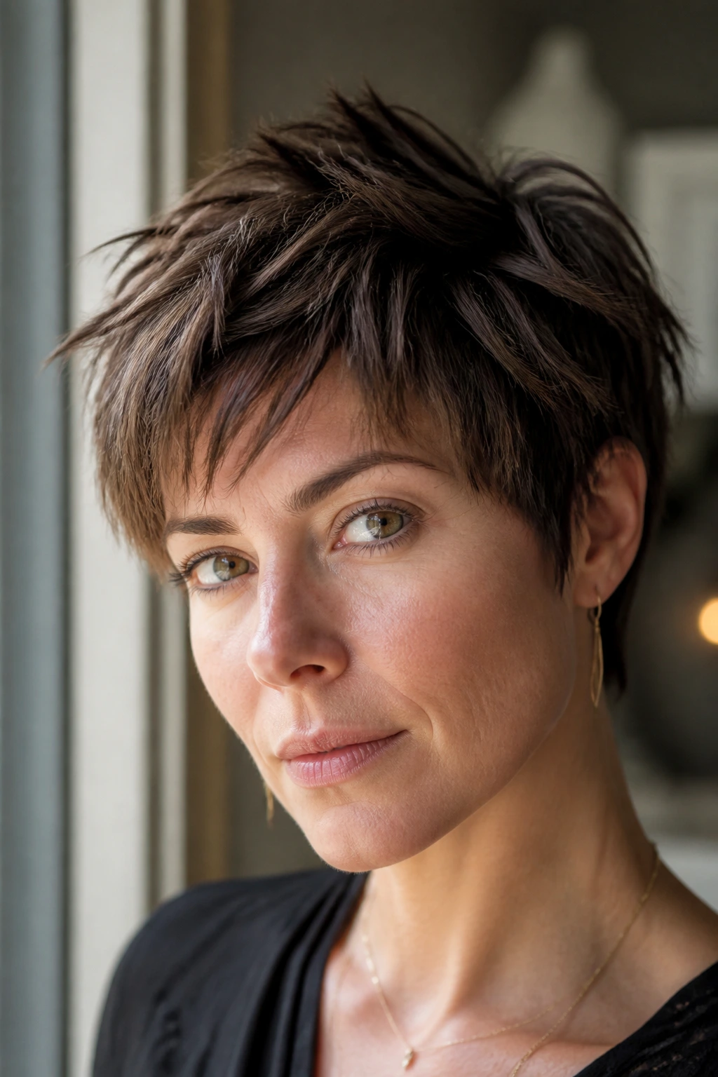 Portrait of a person with choppy razor textured pixie showing movement and texture