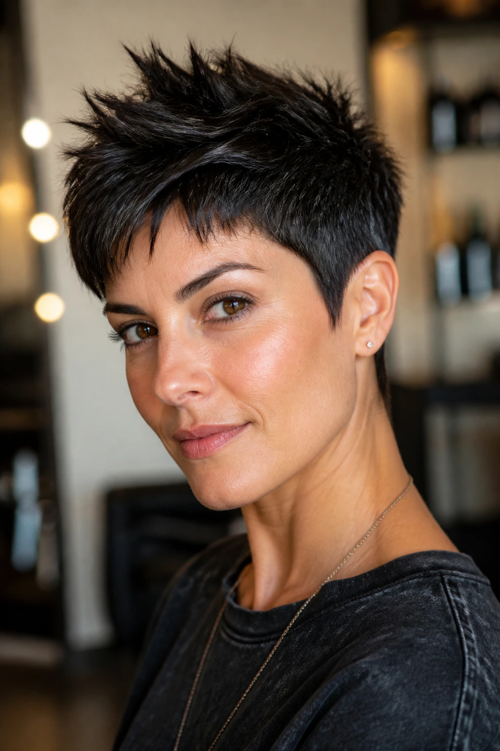 Close-up portrait of a real person with razor-textured spiky pixie hairstyle