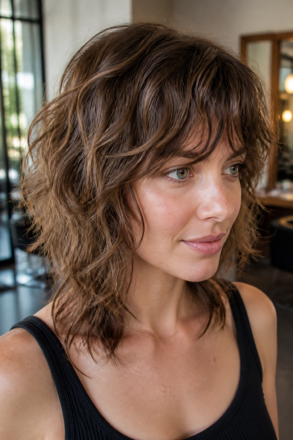 Close-up of razor-textured shag for 2A waves on a real person in a salon