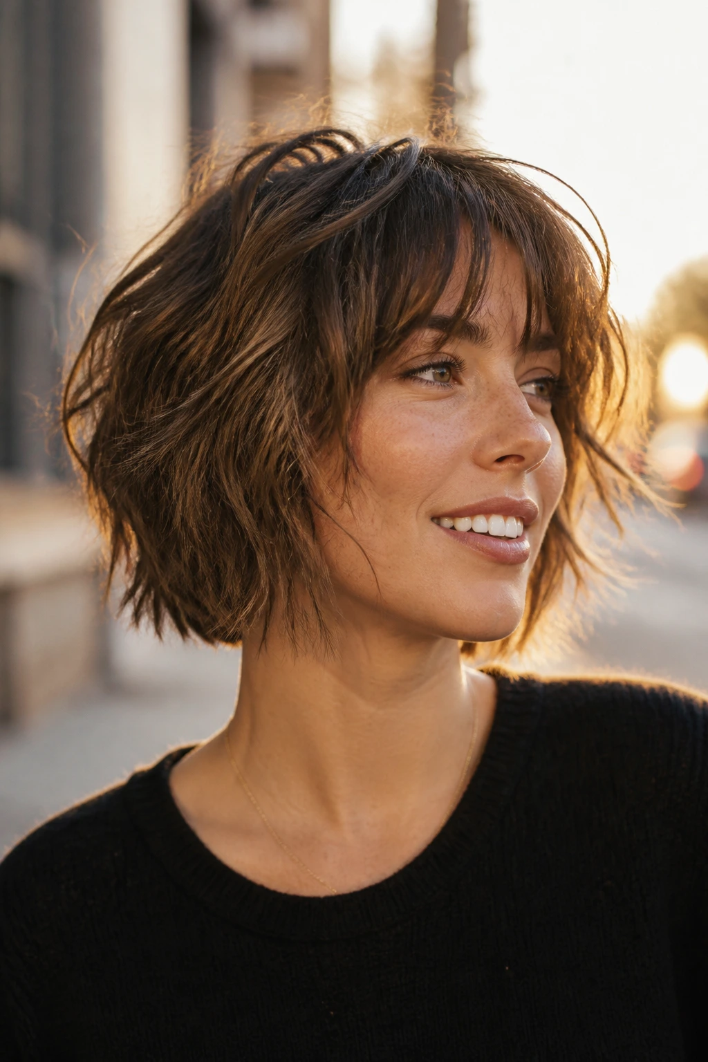 Real woman wearing razor-textured shag bob in an urban golden-hour setting.