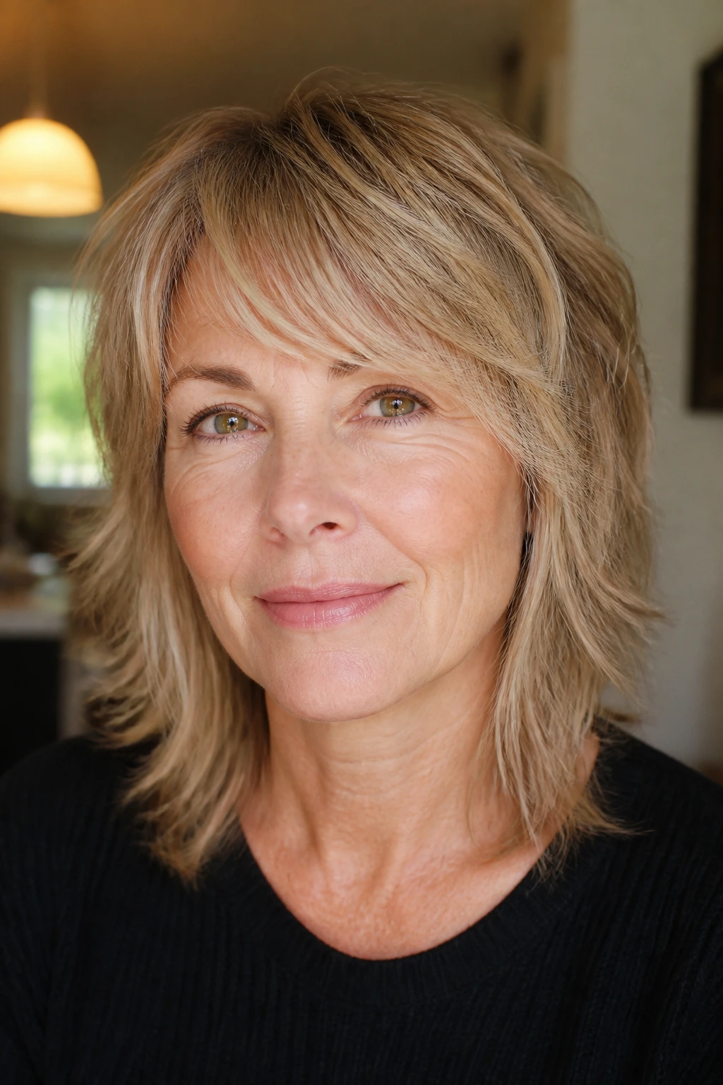 Portrait of a woman with razor-textured shag for fine hair