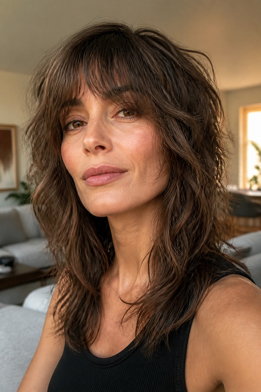 Close-up of a real woman with razor-textured shag waves
