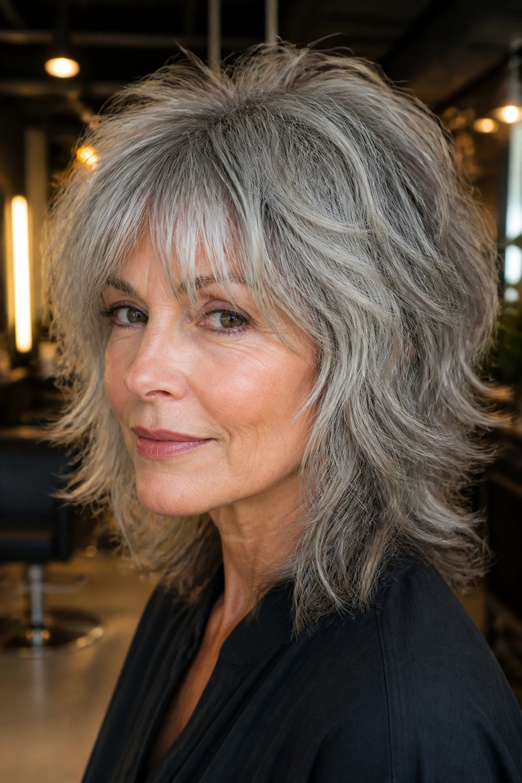 Close-up of a real woman with razor-textured shag in a chic salon setting