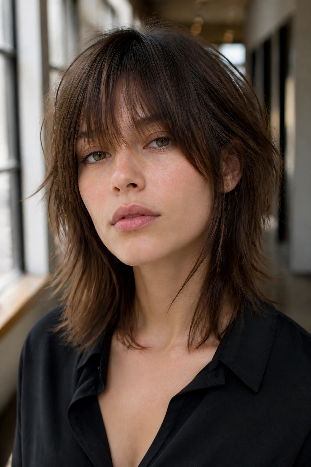 Close-up portrait of a real person with Razor-Textured Shag for Straight Hair and textured ends