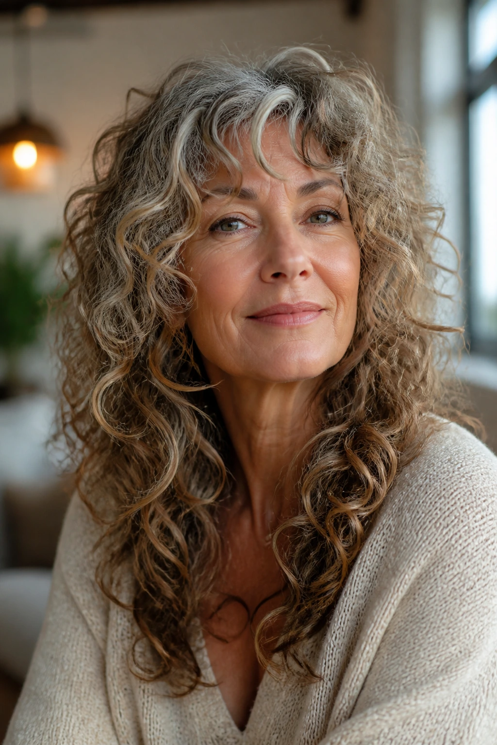 Close-up of a real woman with thick ringlets and razor-textured shag