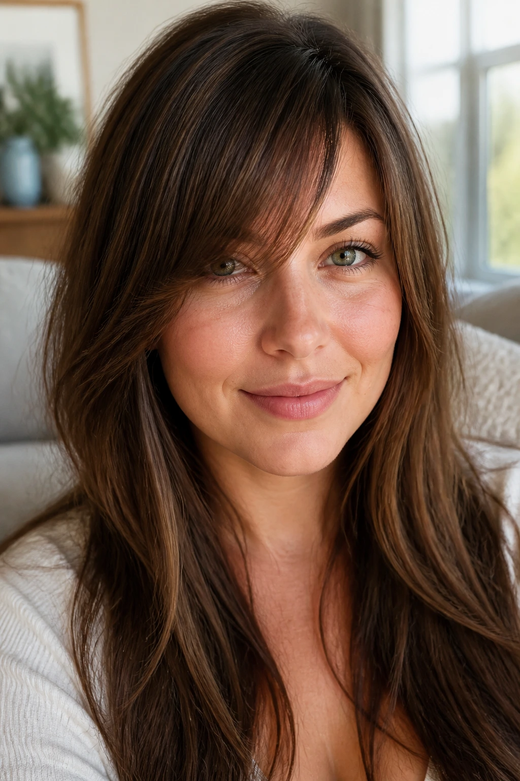 Close-up of a real woman with razor-textured side bangs and soft edge in bright living room light