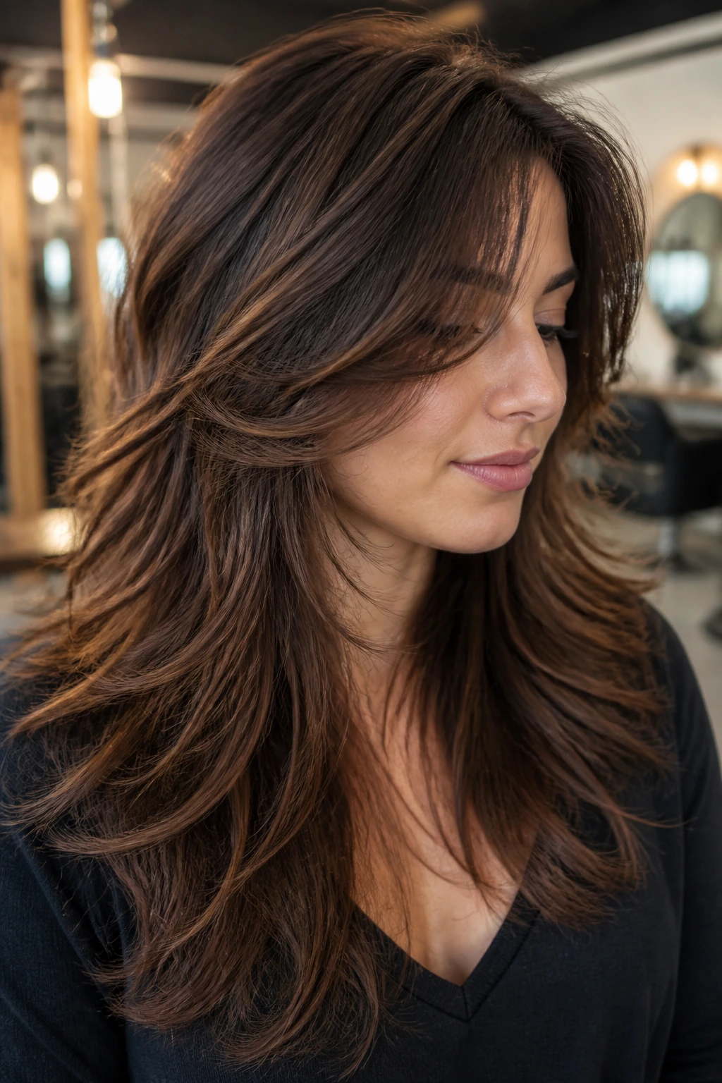 Close-up portrait of a real person with thick hair showing razor-textured layers for movement