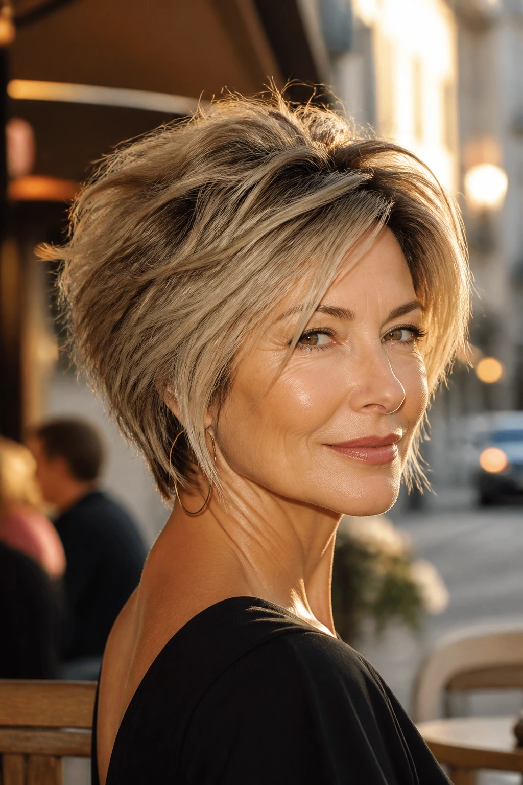 Three-quarter portrait of real woman with Razor-Textured Wedge Shag