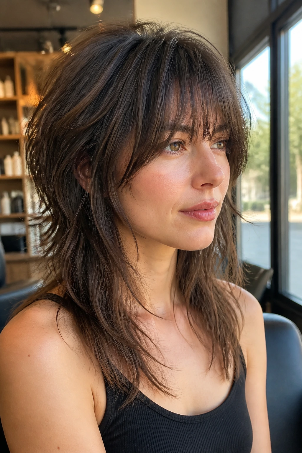 Close-up portrait of a real woman with a razor-textured wolf cut under warm window light