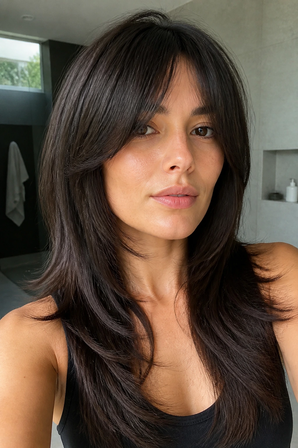Portrait of a person with a razor-cut wolf cut and feathered ends