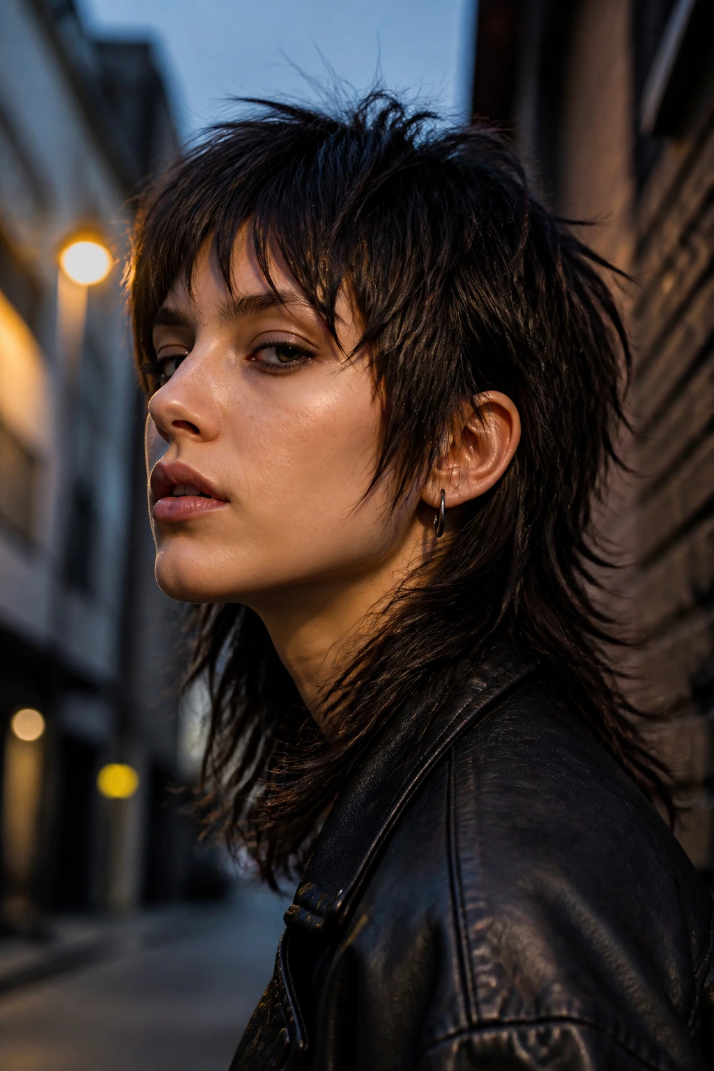 Close-up portrait of a real person with razor wolf shoulder-length mullet in dramatic lighting