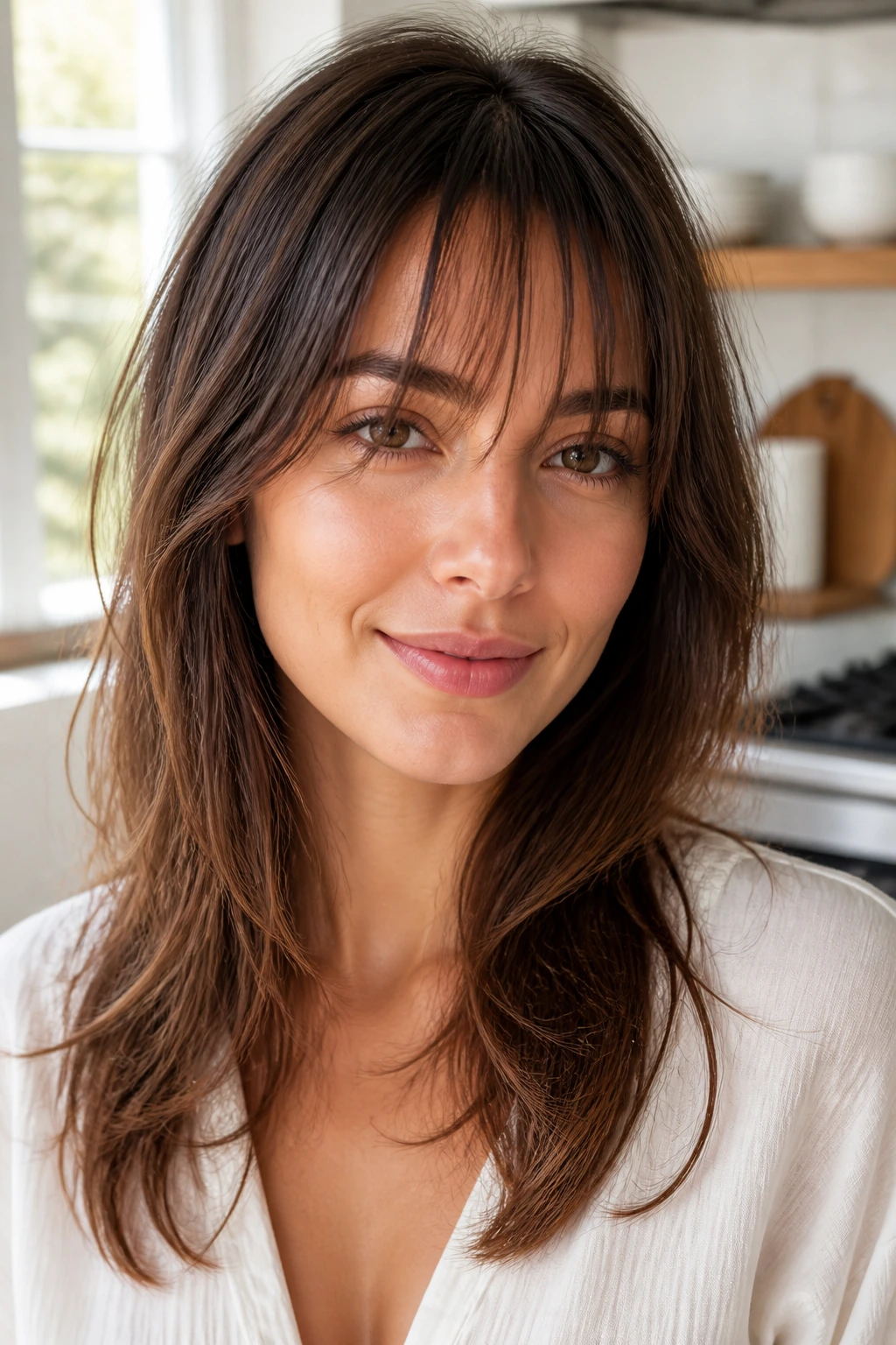 Close-up portrait of a woman with razored airy bangs in soft light