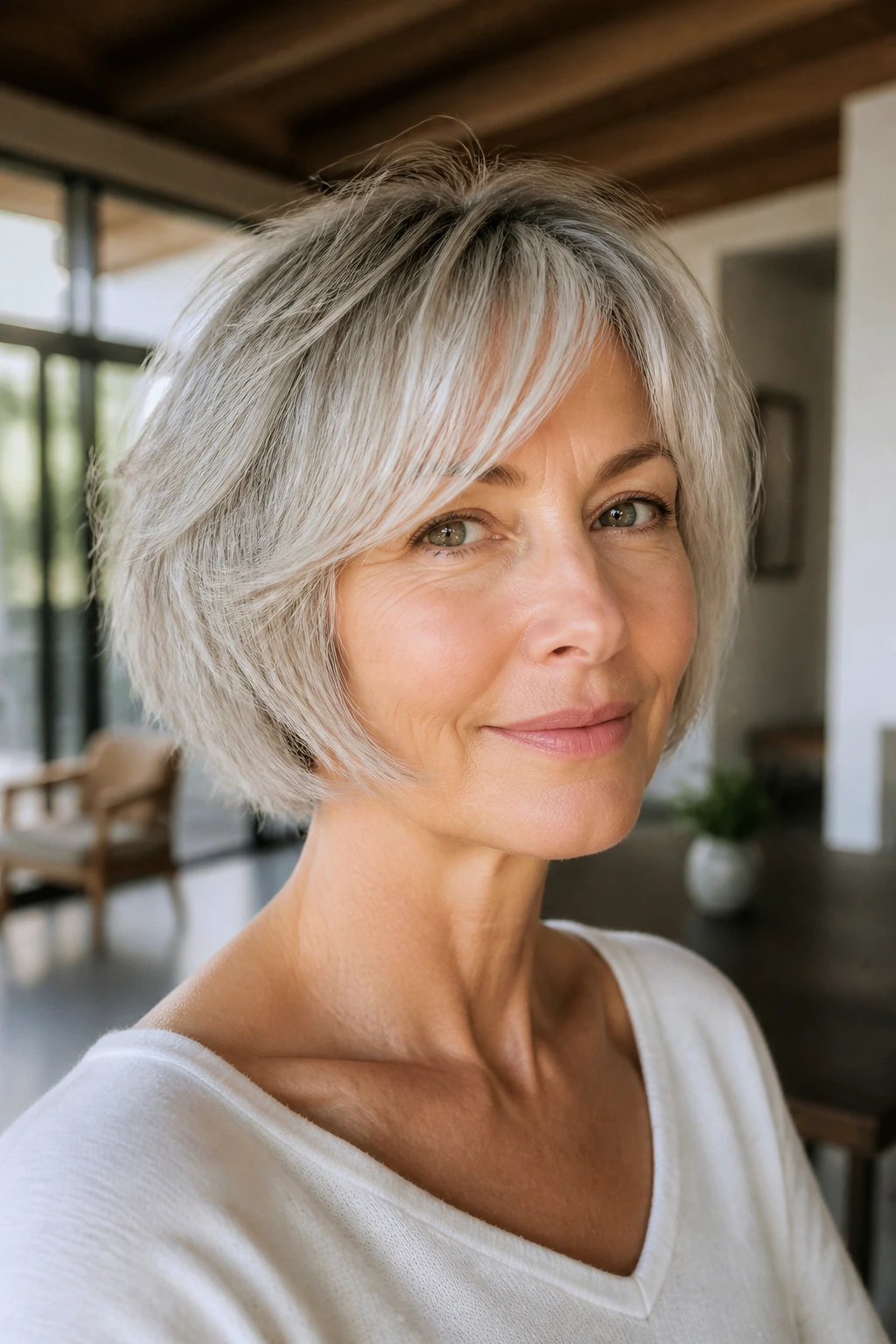 Close-up of a real woman with a razored airy bob in a sunlit apartment