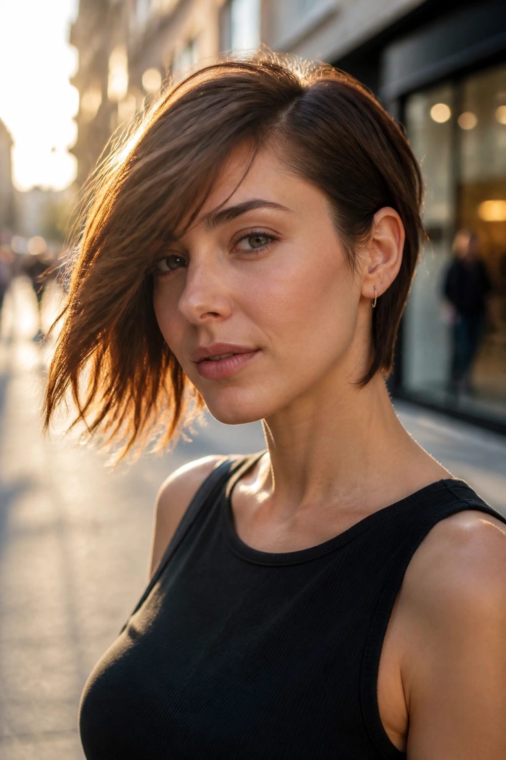 Close-up of a real woman with razor-cut asymmetrical bob on a sunlit city street