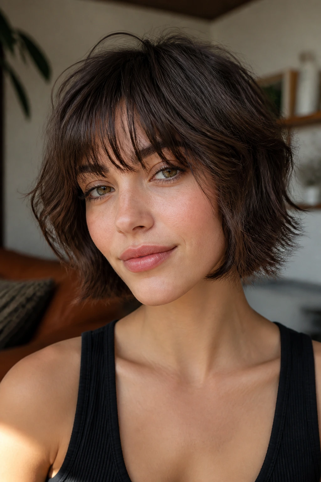 Close-up of real person with razored bangs providing piecey movement in thick hair, warm window light