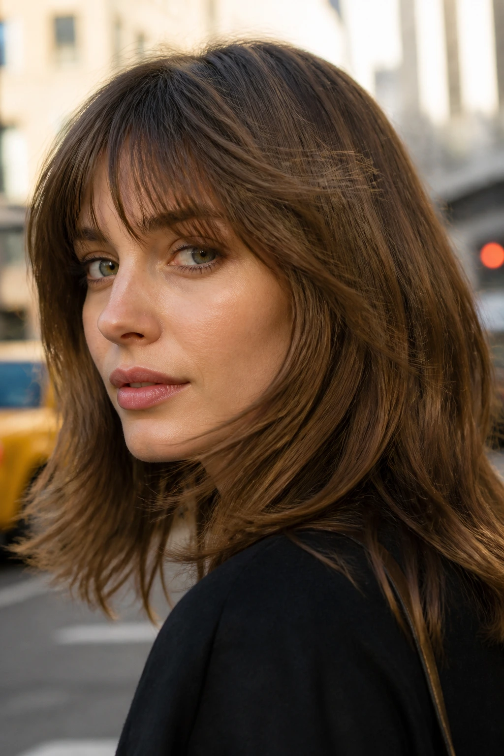 Portrait of a woman with razored bangs on a city street