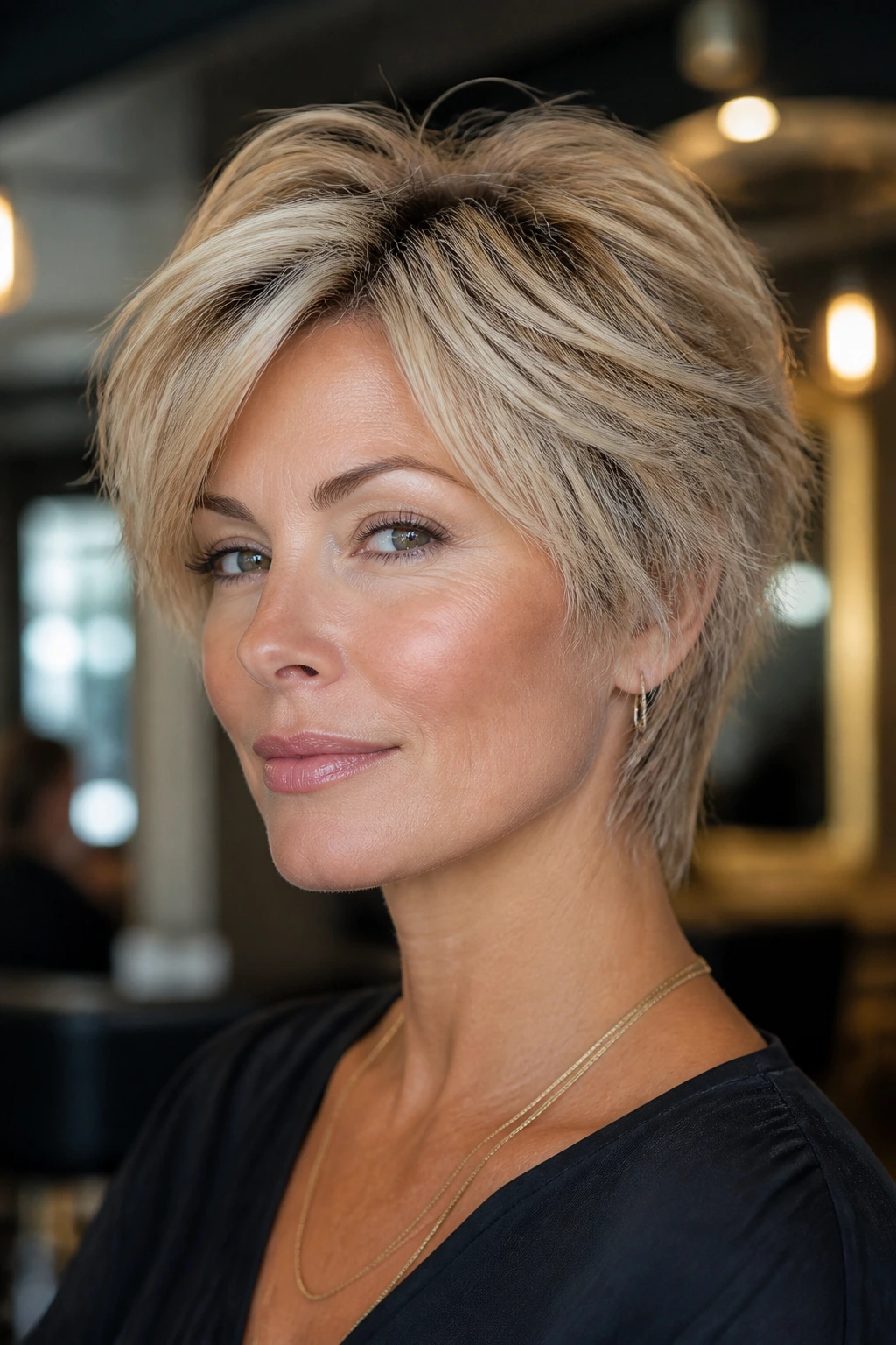 Close-up portrait of a woman with razored bixie hairstyle and airy ends