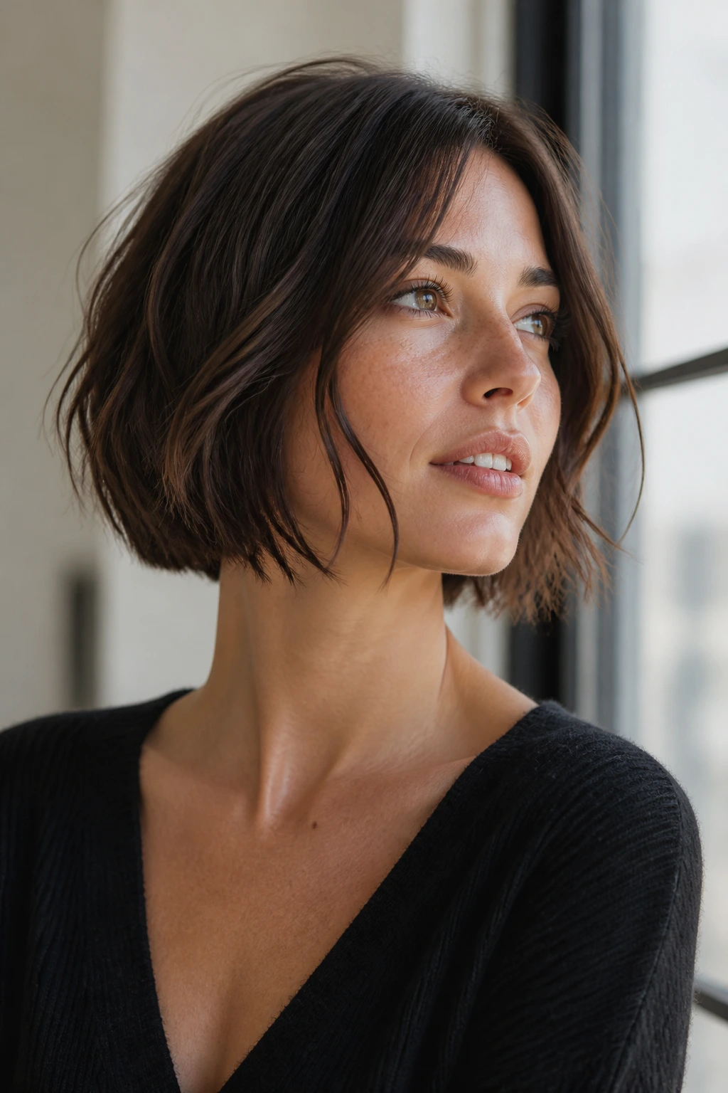 Close-up of a real person with razor-cut airy-edged bob