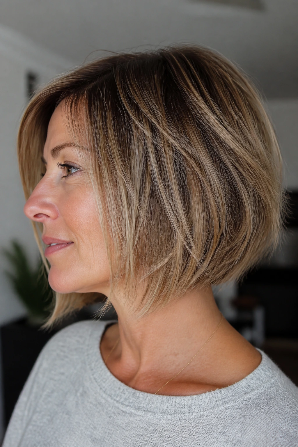 Razored bob with airy ends on real woman, side profile
