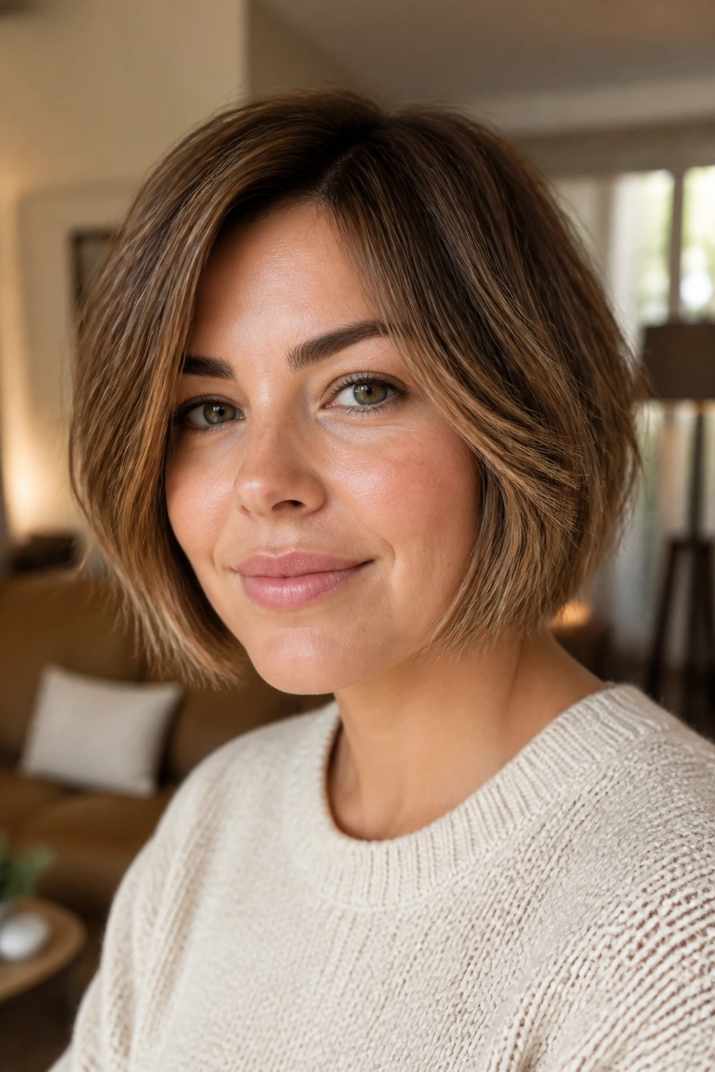 Close-up portrait of a real woman with a razored bob and airy ends.