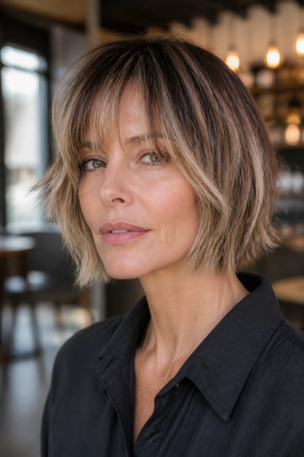 Close-up portrait of real woman with razored bob and brow-skimming bangs