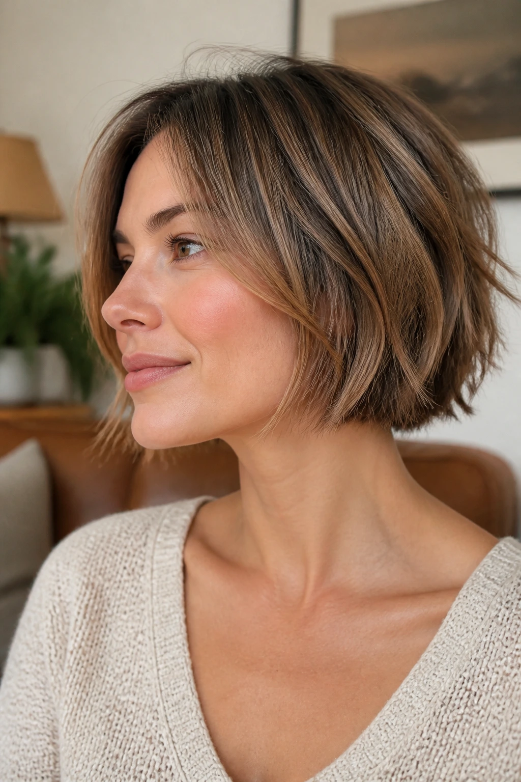 Close-up of woman with soft razored chin-length bob