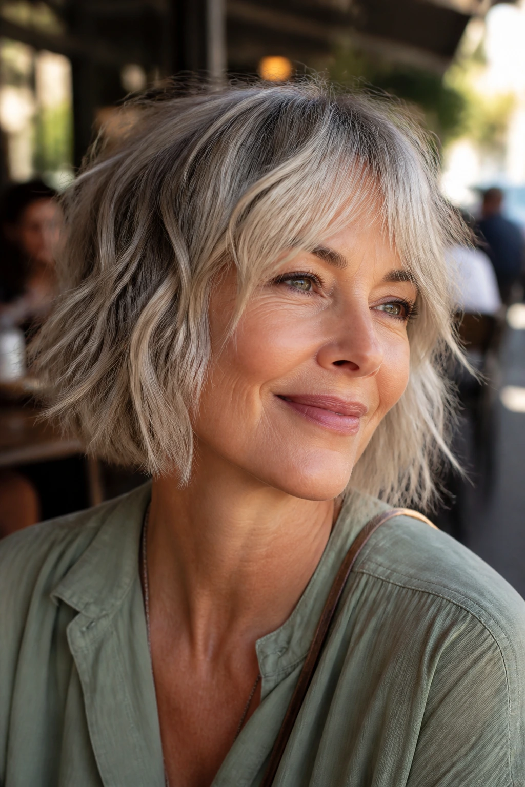 Close-up of a real woman with a razor-cut bob and choppy ends in sunlight
