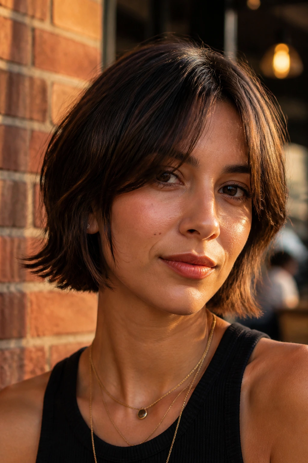 Real person with razor-cut bob and curtain bangs